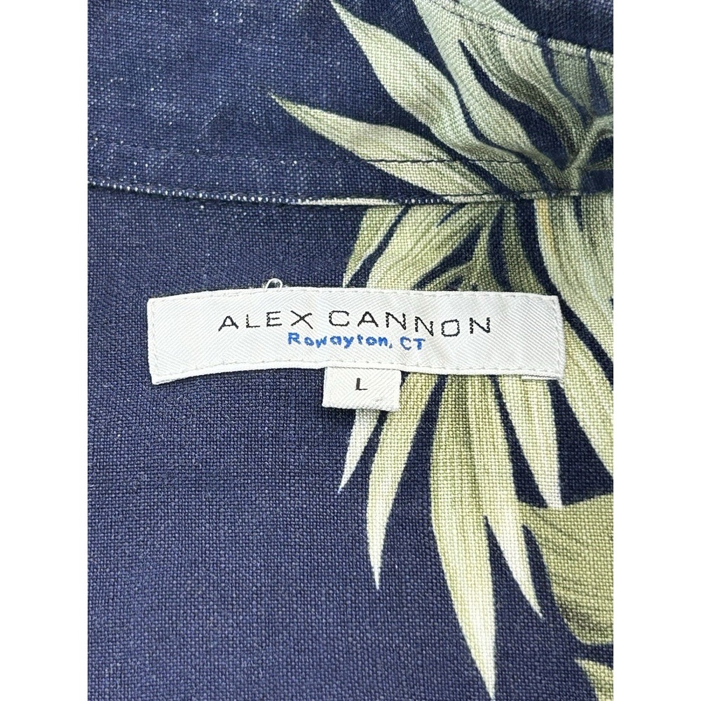 Alex Cannon Hawaiian Camp Shirt Large Tropical Floral Linen Rayon Aloha Navy - Picture 9 of 14